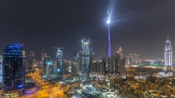 Dubai cityscape centro com Burj Khalifa, LightUp show de luz aérea timelapse — Vídeo de Stock