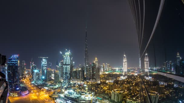 Dubai paisaje urbano del centro con Burj Khalifa, LightUp espectáculo de luz aérea timelapse — Vídeo de stock