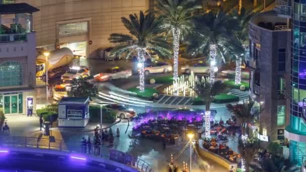 Dubai Marina fontein aeral nacht timelapse, marina promenade — Stockvideo