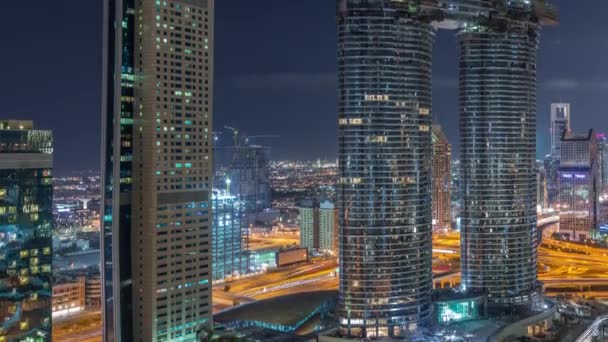 Niesamowity widok z lotu ptaka Dubai Downtown wieżowce Night timelapse, Dubaj, Zjednoczone Emiraty Arabskie — Wideo stockowe