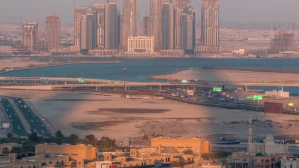 Bouw van nieuwe wolkenkrabbers in Dubai Creek Harbor Aerial timelapse. Dubai-Verenigde Arabische Emiraten. — Stockvideo