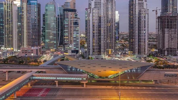 Aerial top view to Sheikh Zayed road near Dubai Marina and JLT day to night timelapse, Dubai. — Stock Photo, Image