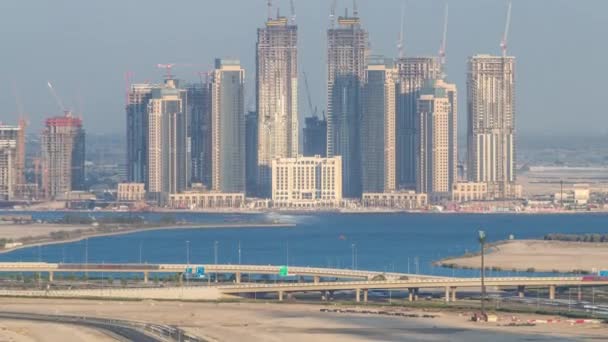 Costruzione di nuovi grattacieli a Dubai Creek Harbor timelapse aerea. Dubai Emirati Arabi Uniti . — Video Stock