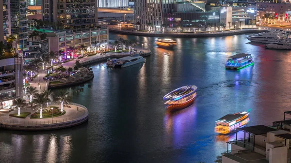 Waterfront promenade in Dubai Marina aerial night timelapse. Dubai, United Arab Emirates — Stock Photo, Image