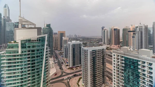 View of various skyscrapers and towers in Dubai Marina from above aerial timelapse — Stock Photo, Image