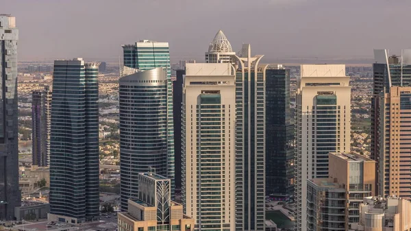 Dubai Marina skyscrapers and jumeirah lake towers view from the top aerial timelapse in the United Arab Emirates. — Stock Photo, Image