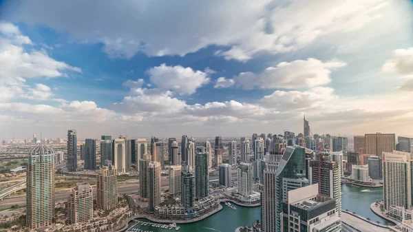 Dubai Marina skyscrapers and jumeirah lake towers view from the top aerial timelapse in the United Arab Emirates. — Stock Photo, Image