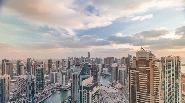 Dubai Marina skyscrapers and jumeirah Lake tower view from the top air timelapse in the United Arab Emirates. — стокове фото