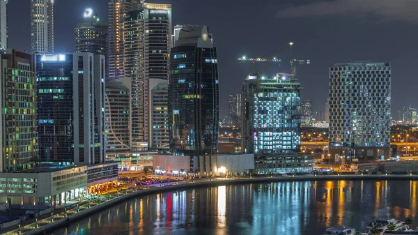 Night city Dubai near canal aerial timelapse — Stock Photo, Image