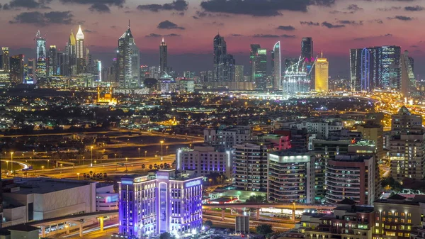 Pohled na přechod ze dne na noc v Dubaji, Spojené arabské emiráty Timelapse Aerial — Stock fotografie