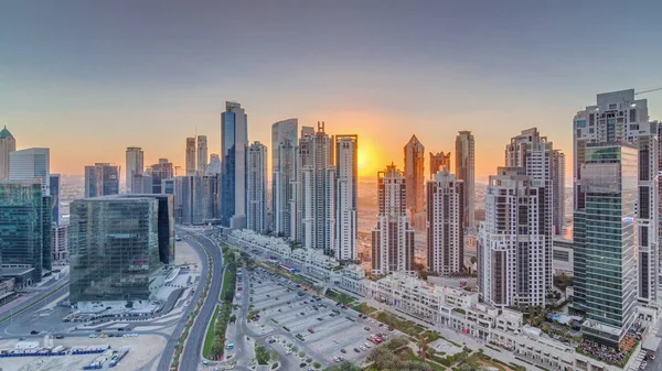 Modern residential and office complex with many towers aerial timelapse at Business Bay, Dubai, UAE. — Stock Photo, Image