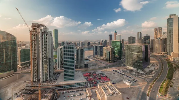Dubai's business bay towers at morning aerial timelapse. — Stock Photo, Image