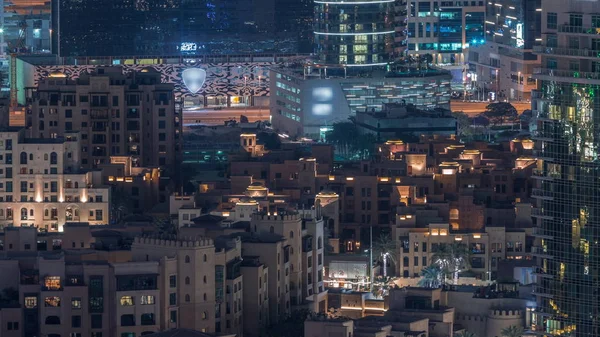 Incredibile vista aerea del centro di Dubai grattacieli notte timelapse, Dubai, Emirati Arabi Uniti — Foto Stock