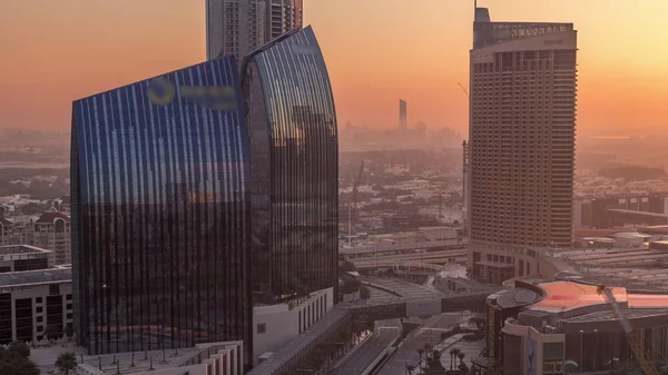 Dubai downtown street with busy traffic and skyscrapers around morning timelapse. — Stock Photo, Image