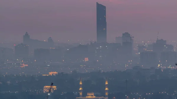 Aerial view to Dubai Creek with festival city before sunrise timelapse — Stock Photo, Image