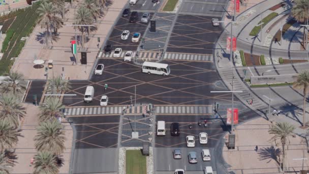 View of intersection with many transports in traffic Aerial — 图库视频影像