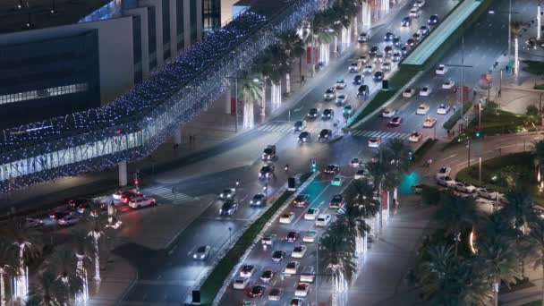 View of intersection with many transports in traffic night Aerial — Stock Video