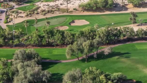 Krajobraz zielonego pola golfowego z drzew antenowe timelapse. Dubai, Zjednoczone Emiraty Arabskie — Wideo stockowe