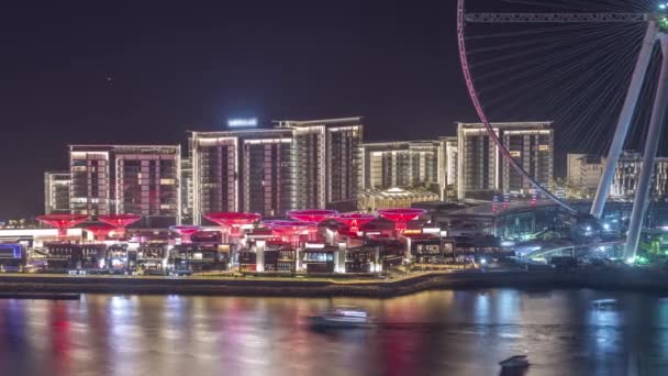 Bluewaters Island à Dubaï timelapse de nuit aérienne avec des bâtiments éclairés . — Video