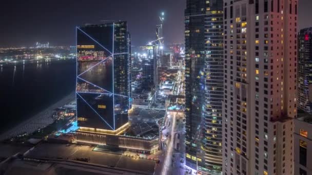 Översikt över vattnet Jumeirah Beach Residence JBR skyline antenn Night Timelapse — Stockvideo