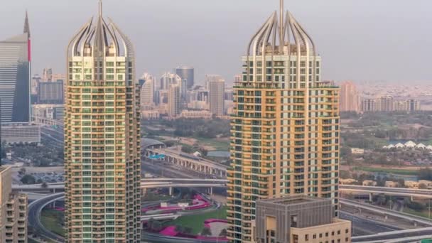 Aerial top view of Dubai Marina morning timelapse. Modern towers and traffic on the road — Stock Video