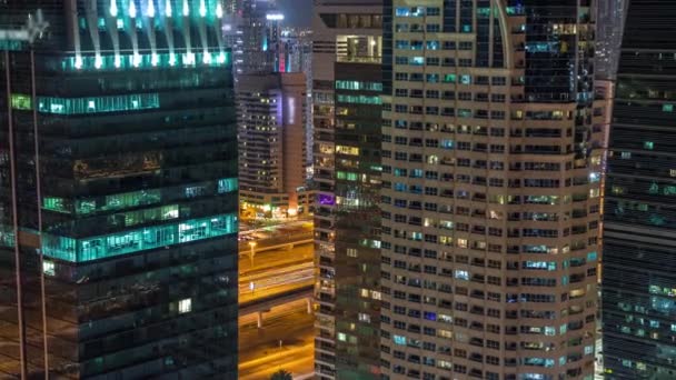 Jumeirah Lake Towers residential district aerial night timelapse near Dubai Marina — Stock Video