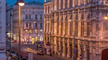 Avusturya, Viyana 'daki Wiener Staatsoper hava gününden geceye güzel bir manzara