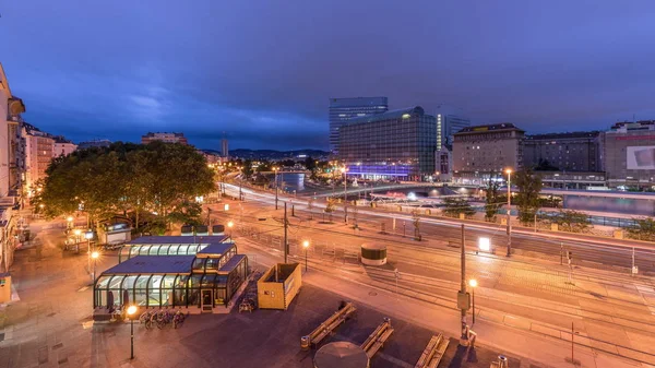 The Schwedenplatz is a square in central Vienna, located at the Danube Canal aerial night to day timelapse — Stock Photo, Image