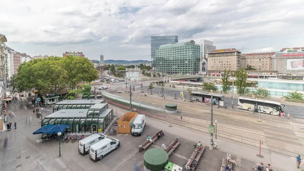 The Schwedenplatz is a square in central Vienna, located at the Danube Canal aerial timelapse — Stock Photo, Image