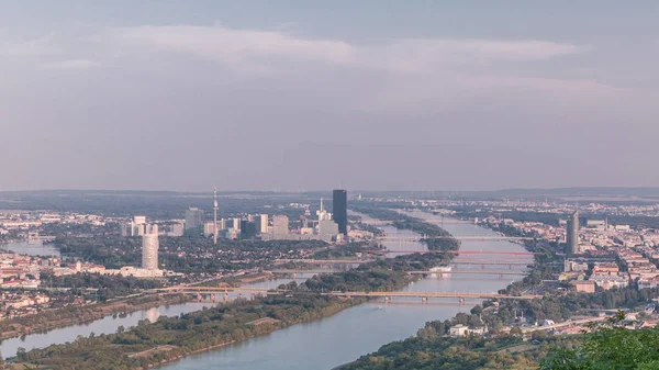 Skyline of Vienna from Danube Viewpoint Leopoldsberg aerial timelapse. — 스톡 사진