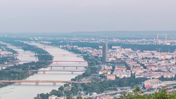 Skyline of Vienna from Danube Viewpoint Leopoldsberg aerial timelapse. — 스톡 사진