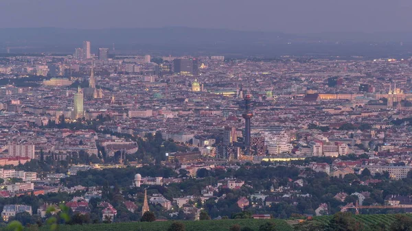 Skyline of Vienna from Danube Viewpoint Leopoldsberg aerial day to night timelapse. — Stock Photo, Image
