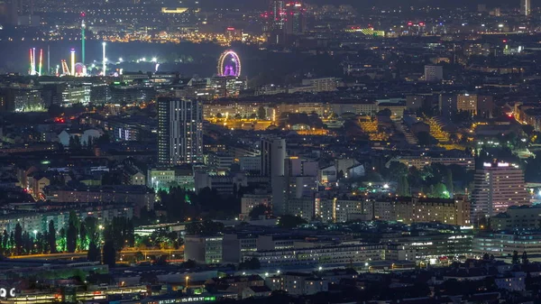 Skyline of Vienna from Danube Viewpoint Leopoldsberg air night timelapse. — стокове фото