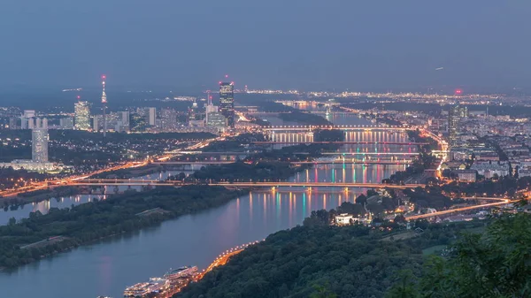 Skyline of Vienna from Danube Viewpoint Leopoldsberg aerial day to night timelapse. — 스톡 사진