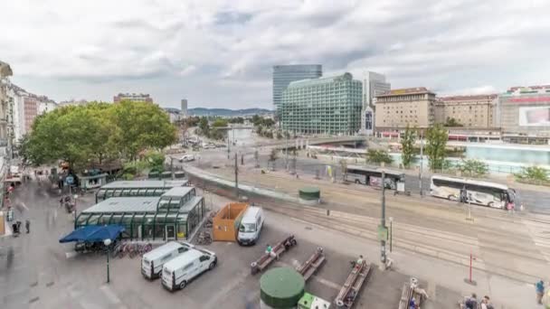 The Schwedenplatz is a square in central Vienna, located at the Danube Canal aerial timelapse — Stock Video