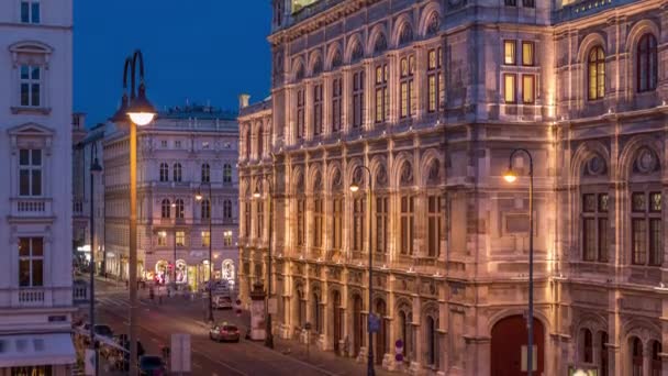 Όμορφη θέα της κεραίας Wiener Staatsoper μέρα με τη νύχτα timelapse στη Βιέννη, Αυστρία — Αρχείο Βίντεο