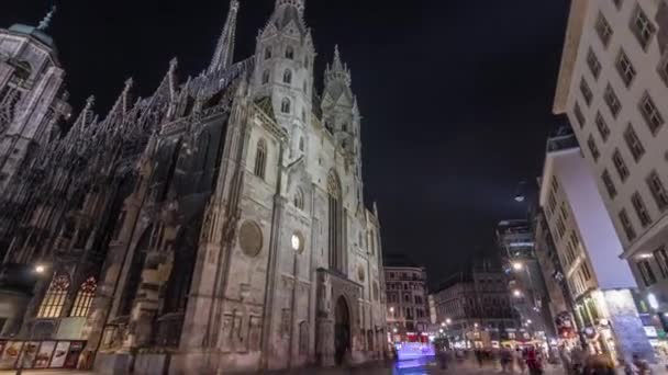 Кафедральний собор Святого Стефана в нічний час Timelapse hyperlapse, мати церкви римо-католицької архієпархії Відня, Австрія. — стокове відео