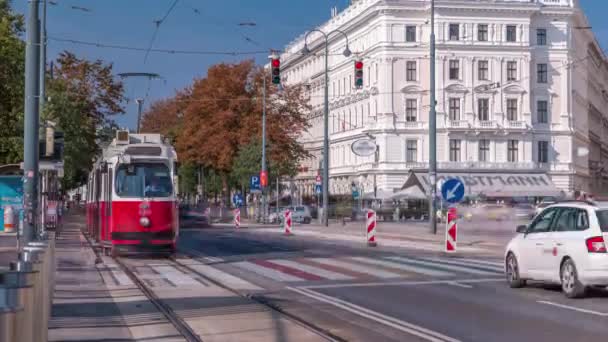Viyana şehir merkezindeki Universitatsring Caddesi 'nde trafik sıkışık.. — Stok video