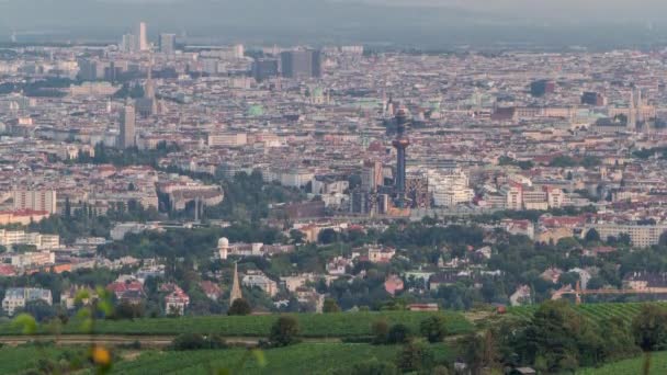 Vídeňská obloha z vyhlídkového bodu Dunaj Leopoldsberg ze dne na den. — Stock video