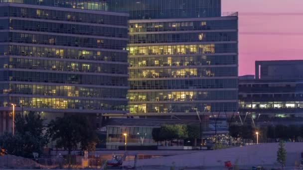 Donaustadt Danube City night to day timelapse is a modern quarter with skyscrapers and business centres in Vienna, Austria. — Stock Video