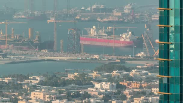 Flygvy från Dubais centrum till port Timelapse — Stockvideo
