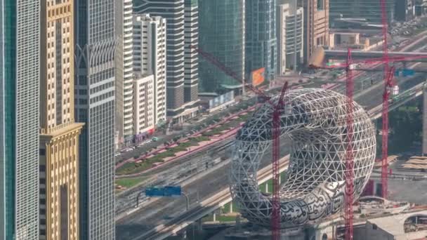 Site de construction du Musée du Futur timelapse aérien, prochain bâtiment emblématique de Dubaï . — Video