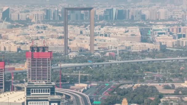 Aerial view to financial and zabeel district timelapse with traffic and under construction building with cranes from downtown — Stock Video
