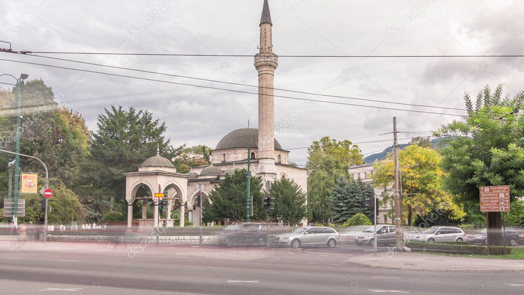 Ali Pasha Mosque timelapse hyperlapse with traffic on intersection in Sarajevo