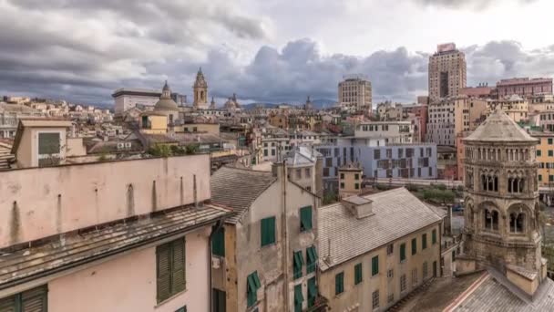 Aerial panoramic view of european city Genoa timelapse from above of old historical centre quarter districts, Liguria, Italy — Stock Video
