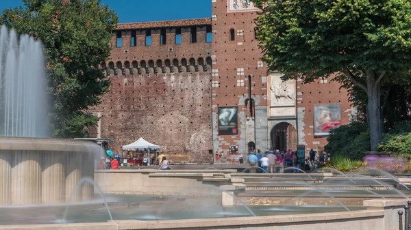 Entrada Principal Castillo Sforza Castello Sforzesco Fuente Frente Timelapse Milán — Foto de Stock