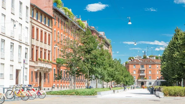 Piazza Ambrogio Timelapse Historical Buildings Peoples Sitting Bench Basilica Saint — Stock Photo, Image