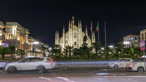 Milan Cathedral Upplyst Natten Timelapse Duomo Milano Den Gotiska Katedralen — Stockfoto