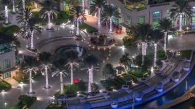 Dubai Marina Yürüyüşü, çeşme ve palmiyelerle Top View gece zamanı