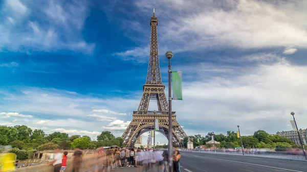 Ейфелева Вежа Моста Єни Тімелапсе Париж Франція Блакитне Хмарне Небо — стокове фото